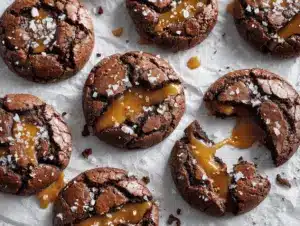 salted caramel stuffed brownie cookies - featured image