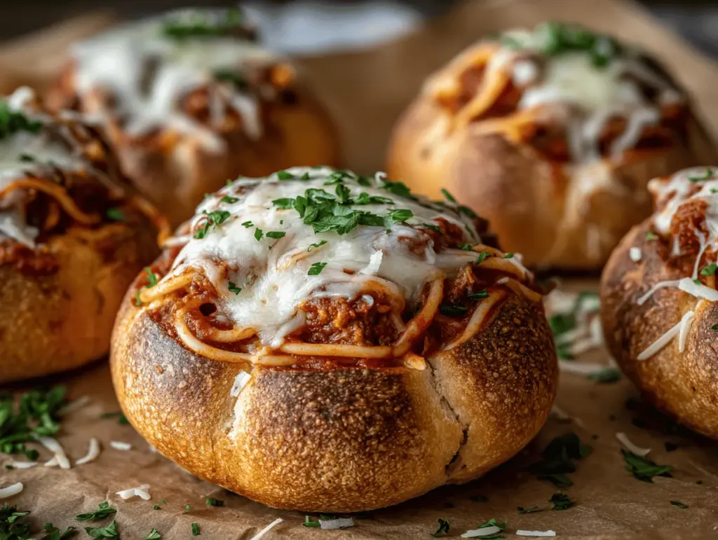 spaghetti garlic bread bowls - featured image